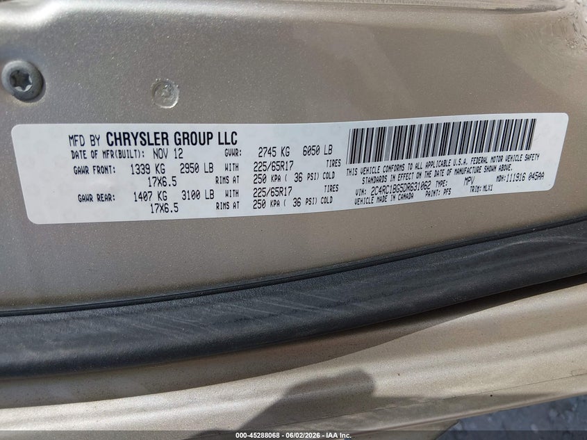 2013 Chrysler Town & Country Touring VIN: 2C4RC1BG5DR631062 Lot: 45288068