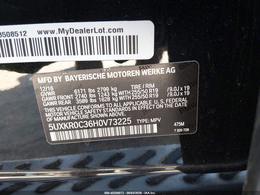 2017 BMW X5 xDrive35I VIN: 5UXKR0C36H0V73225 Lot: 45288072