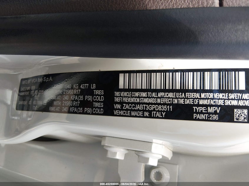 2016 Jeep Renegade Latitude VIN: ZACCJABT3GPD83511 Lot: 45288085