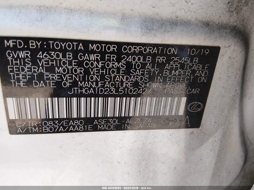 2020 Lexus Is 300 VIN: JTHGA1D23L5102427 Lot: 45288094