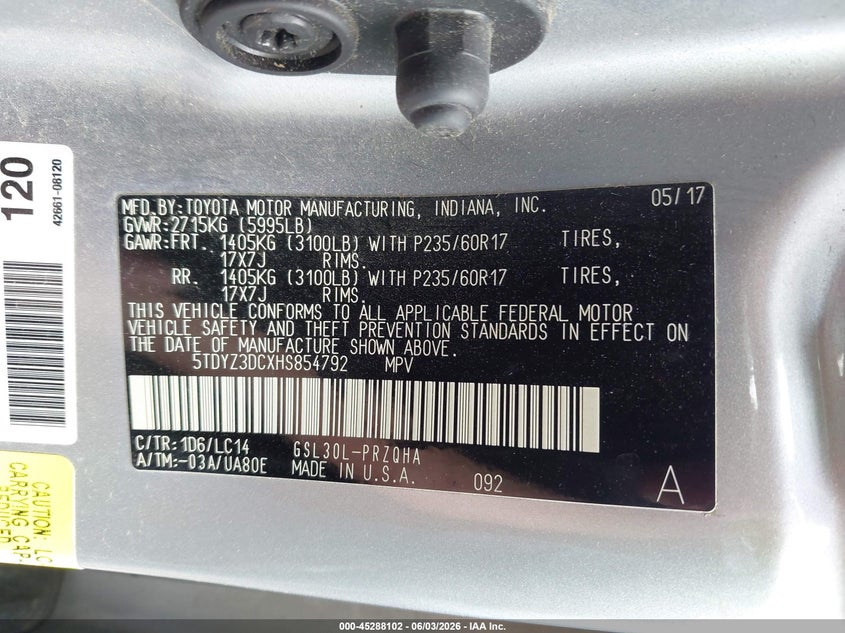 2017 Toyota Sienna Xle Premium 8 Passenger VIN: 5TDYZ3DCXHS854792 Lot: 45288102