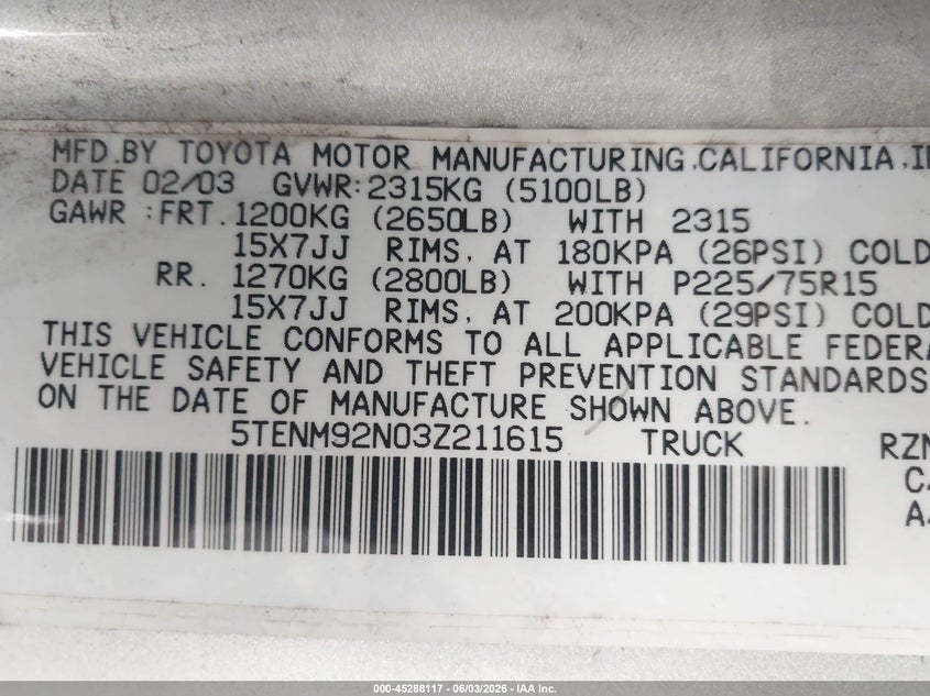 2003 Toyota Tacoma Prerunner VIN: 5TENM92N03Z211615 Lot: 45288117