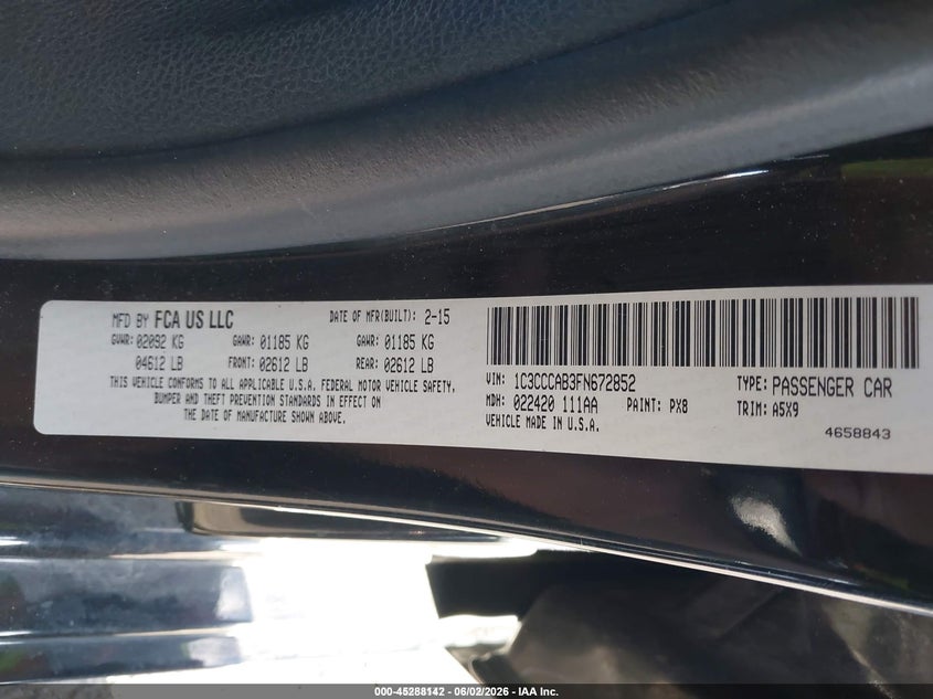 2015 CHRYSLER 200 SEDAN 2.4L I-4 VVT, 184HP