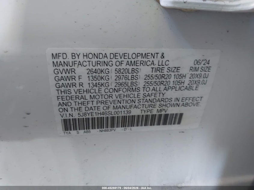2025 Acura Mdx Technology Package VIN: 5J8YE1H46SL001139 Lot: 45288179