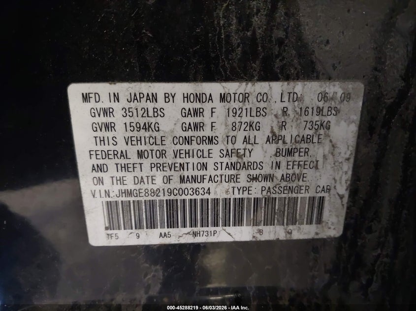 2009 Honda Fit VIN: JHMGE88219C003634 Lot: 45288219