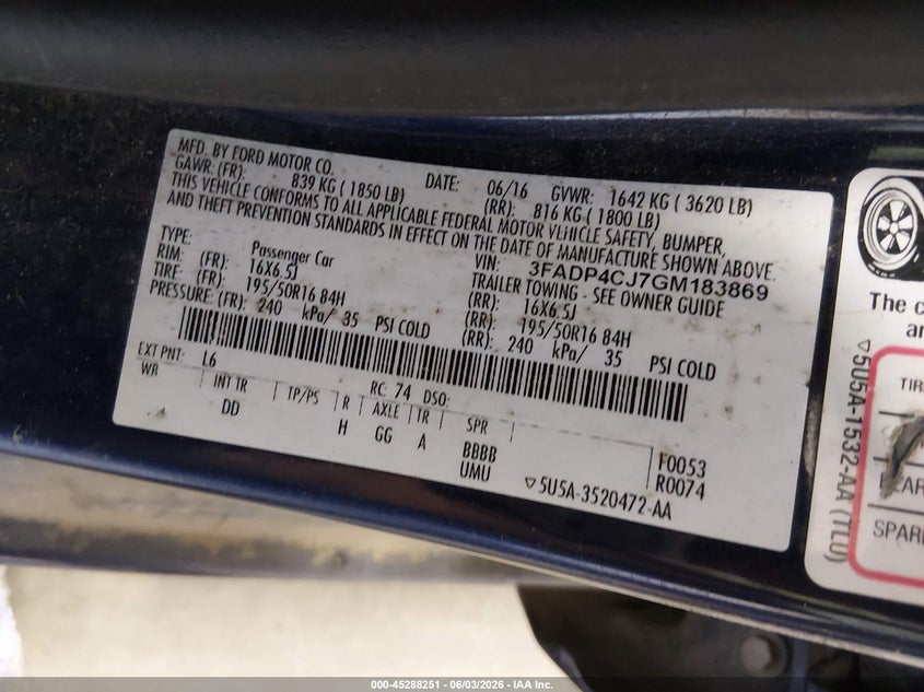 2016 Ford Fiesta Titanium VIN: 3FADP4CJ7GM183869 Lot: 45288251