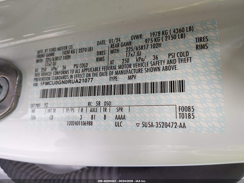 2024 Ford Escape Active VIN: 1FMCU0GN0RUA21077 Lot: 45288267