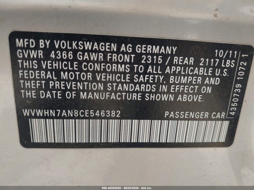 2012 Volkswagen Cc Lux VIN: WVWHN7AN8CE546382 Lot: 45288280