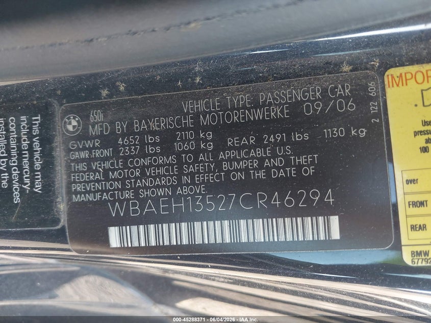 2007 BMW 650I VIN: WBAEH13527CR46294 Lot: 45288371