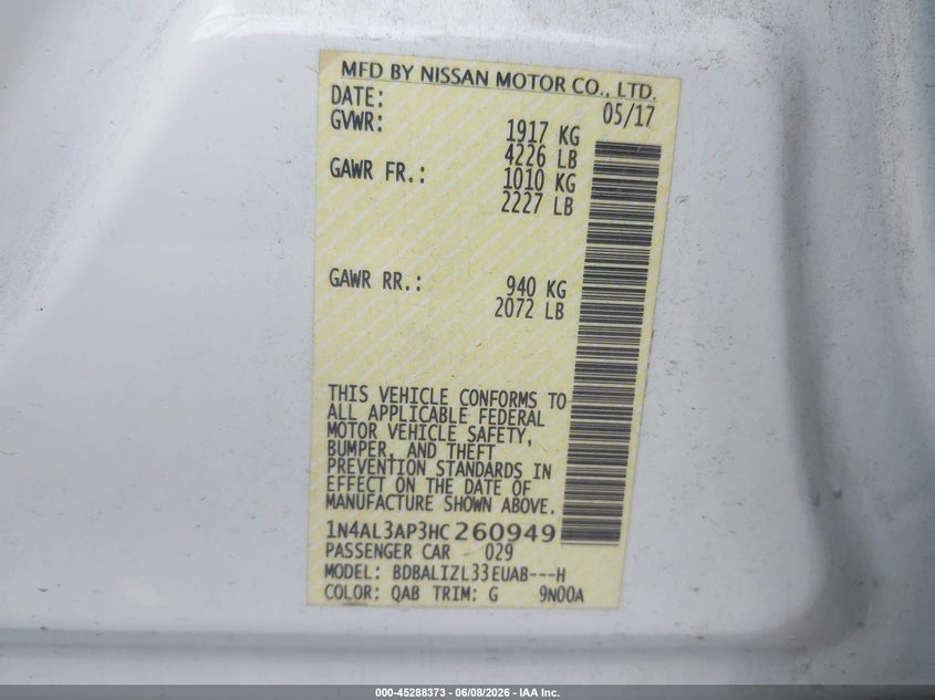VIN 1N4AL3AP3HC260949 2017 NISSAN ALTIMA 2.5 SV