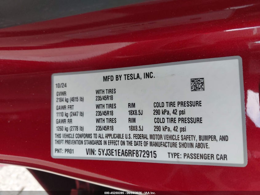 2024 Tesla Model 3 Long Range Dual Motor All-Wheel Drive/Rear-Wheel Drive VIN: 5YJ3E1EA6RF872915 Lot: 45288395