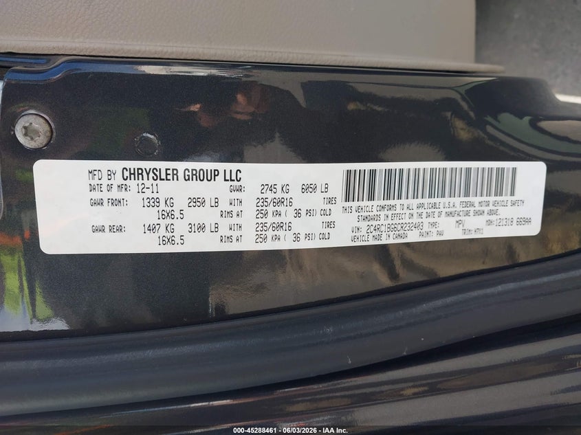 2012 Chrysler Town & Country Touring VIN: 2C4RC1BG6CR232403 Lot: 45288461