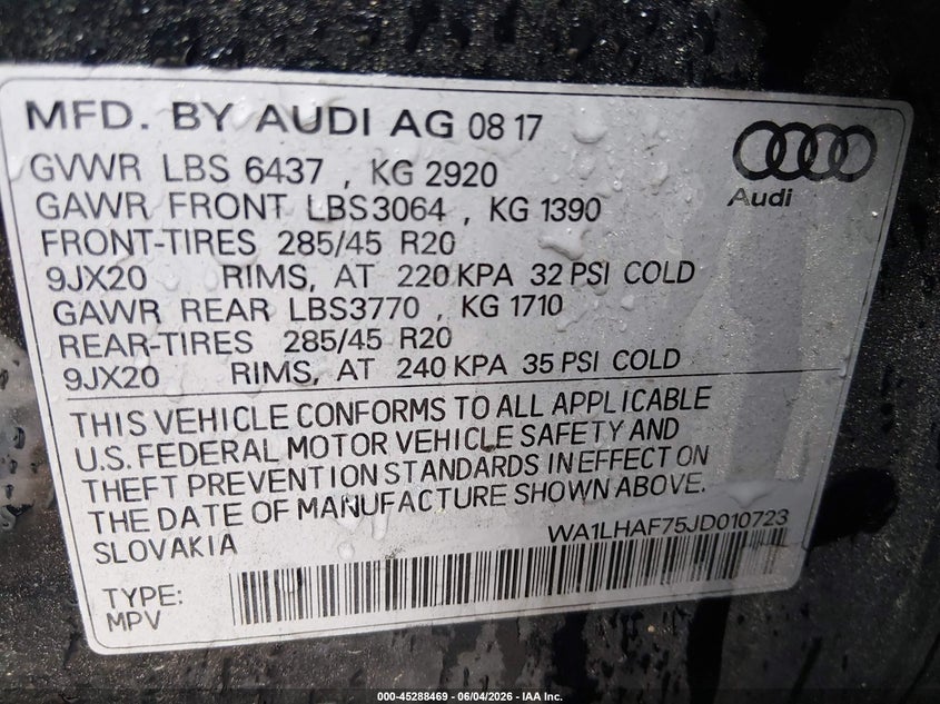 2018 Audi Q7 2.0T Premium VIN: WA1LHAF75JD010723 Lot: 45288469