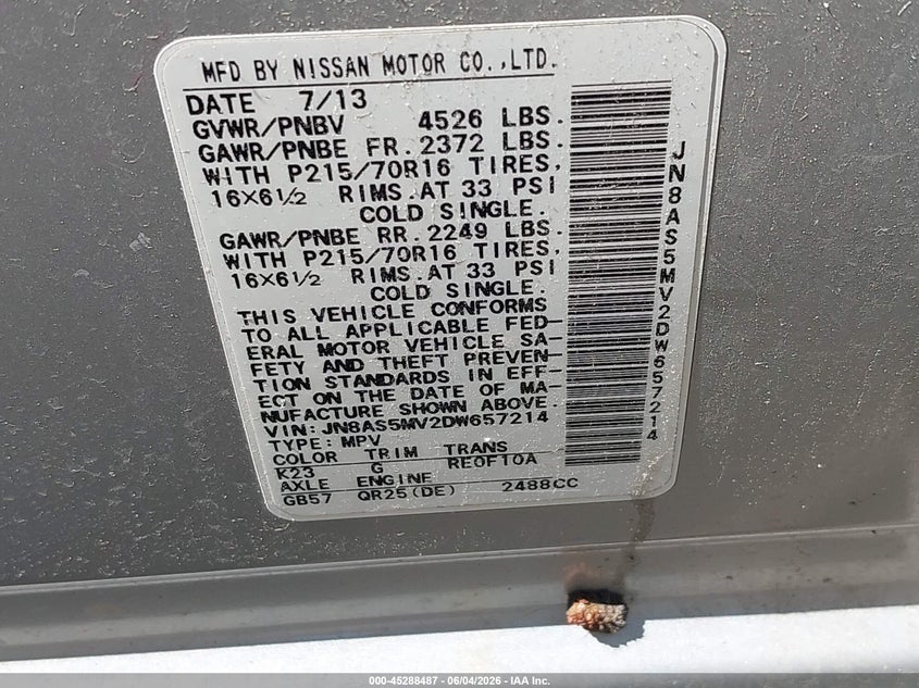 2013 Nissan Rogue S VIN: JN8AS5MV2DW657214 Lot: 45288487