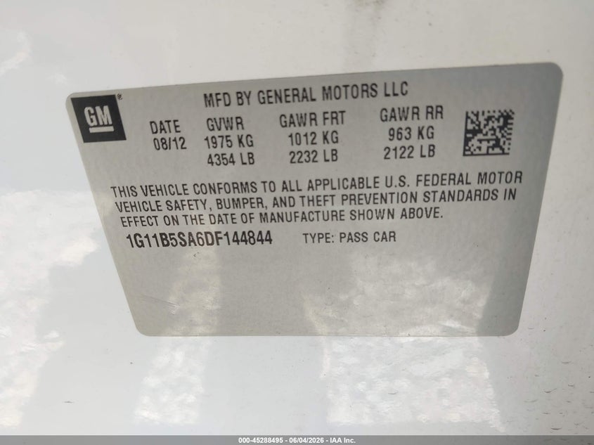 2013 Chevrolet Malibu 1Ls VIN: 1G11B5SA6DF144844 Lot: 45288495