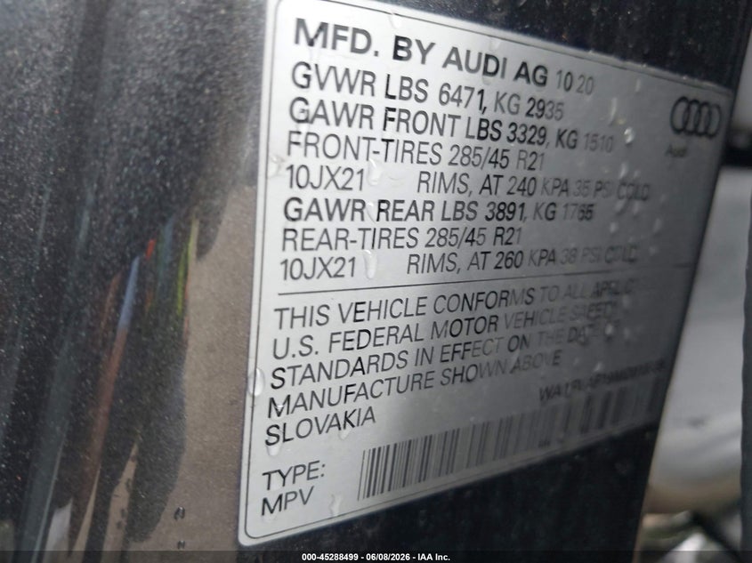 2021 AUDI Q8 3.0L V-6 DI, DOHC, V(VIN: WA1FVAF19MD013338