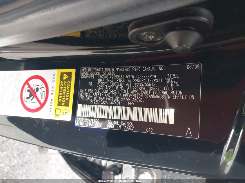 2010 Lexus Rx 350 VIN: 2T2ZK1BA2AC007404 Lot: 45288501
