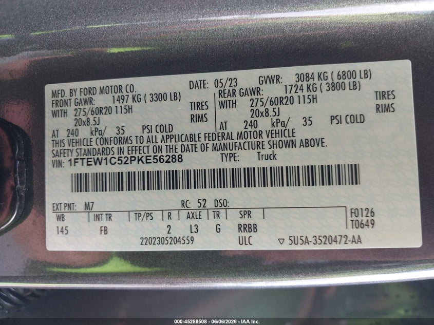 2023 FORD F-150 5.0L V-8 DI, DOHC, V(VIN: 1FTEW1C52PKE56288