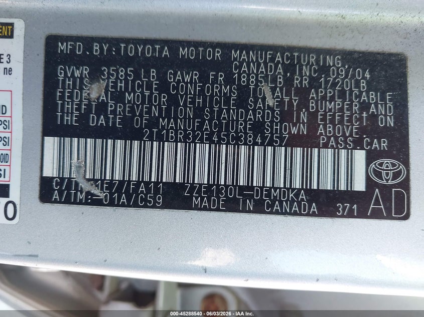 2005 Toyota Corolla Ce VIN: 2T1BR32E45C384757 Lot: 45288540