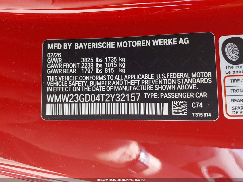 2026 Mini Hardtop Cooper S VIN: WMW23GD04T2Y32157 Lot: 45288545
