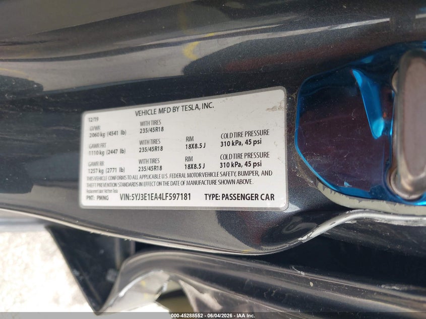2020 Tesla Model 3 Standard Range Plus Rear-Wheel Drive/Standard Range Rear-Wheel Drive VIN: 5YJ3E1EA4LF597181 Lot: 45288552