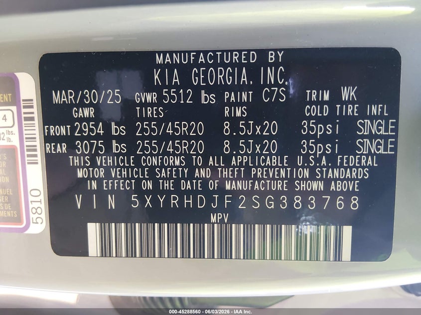 VIN: 5XYRHDJF2SG383768 2025 KIA SORENTO EX