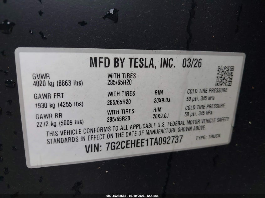 2026 Tesla Cybertruck Cyberbeast VIN: 7G2CEHEE1TA092737 Lot: 45288583
