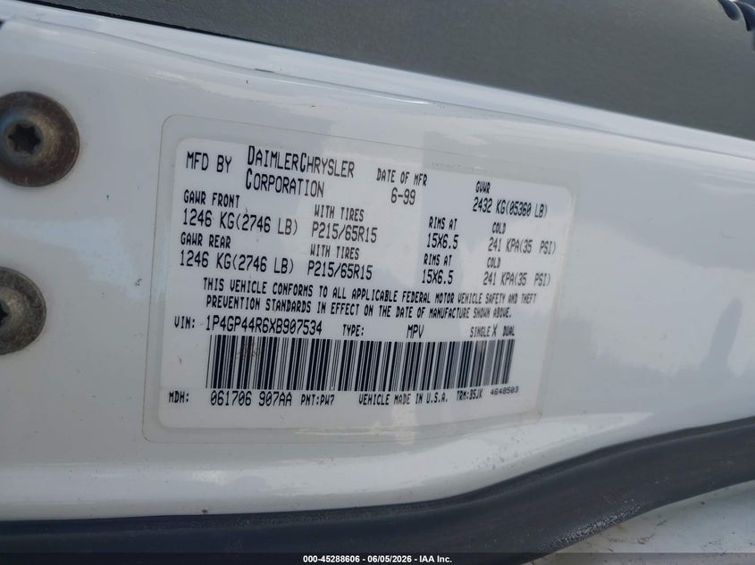 1999 Plymouth Grand Voyager Se VIN: 1P4GP44R6XB907534 Lot: 45288606