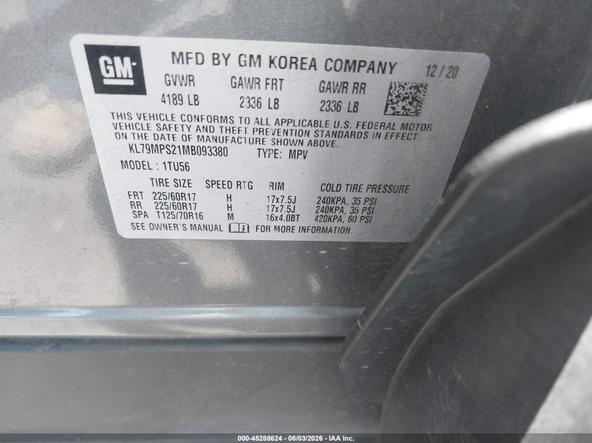 2021 Chevrolet Trailblazer Fwd Lt VIN: KL79MPS21MB093380 Lot: 45288624