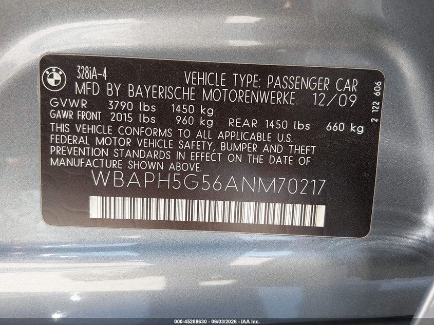 2010 BMW 328I VIN: WBAPH5G56ANM70217 Lot: 45288630