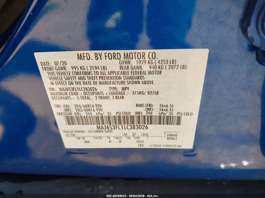 2020 Ford Ecosport S VIN: MAJ6S3FL1LC383026 Lot: 45288633