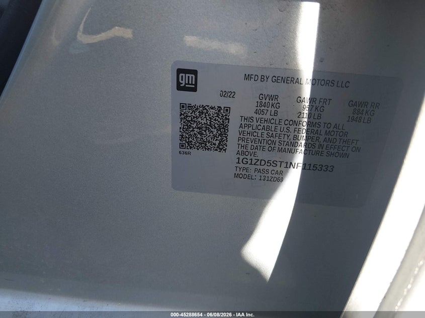 2022 CHEVROLET MALIBU 1.5L I-4 DI, DOHC, V(VIN: 1G1ZD5ST1NF115333