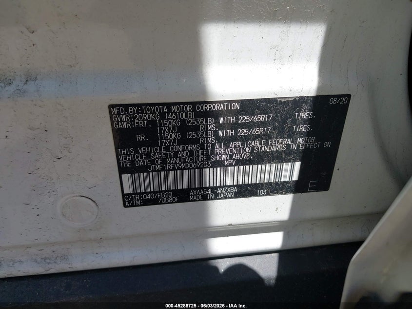 2021 Toyota Rav4 Le VIN: JTMF1RFV9MD069203 Lot: 45288725
