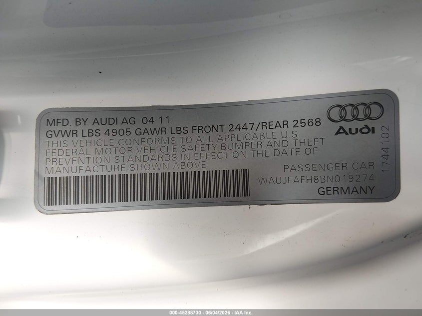 2011 Audi A5 2.0T Premium VIN: WAUJFAFH8BN019274 Lot: 45288730