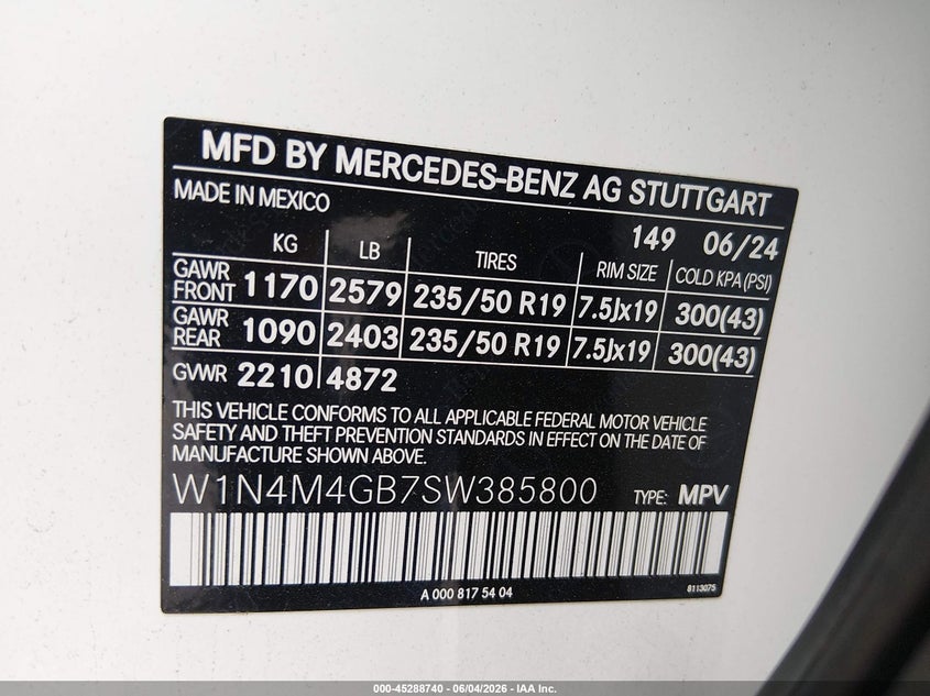 2025 Mercedes-Benz Glb 250 VIN: W1N4M4GB7SW385800 Lot: 45288740