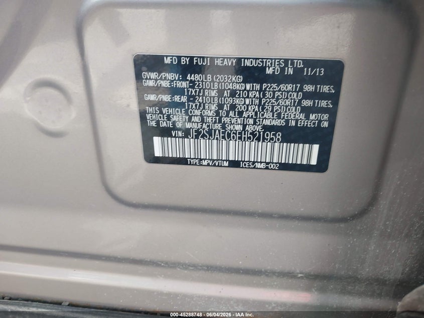 2014 Subaru Forester 2.5I Premium VIN: JF2SJAEC6EH521958 Lot: 45288748
