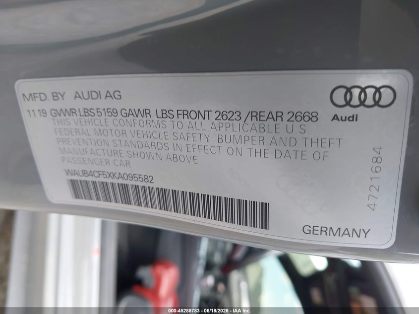 2019 Audi S5 3.0T Premium VIN: WAUB4CF5XKA095582 Lot: 45288783