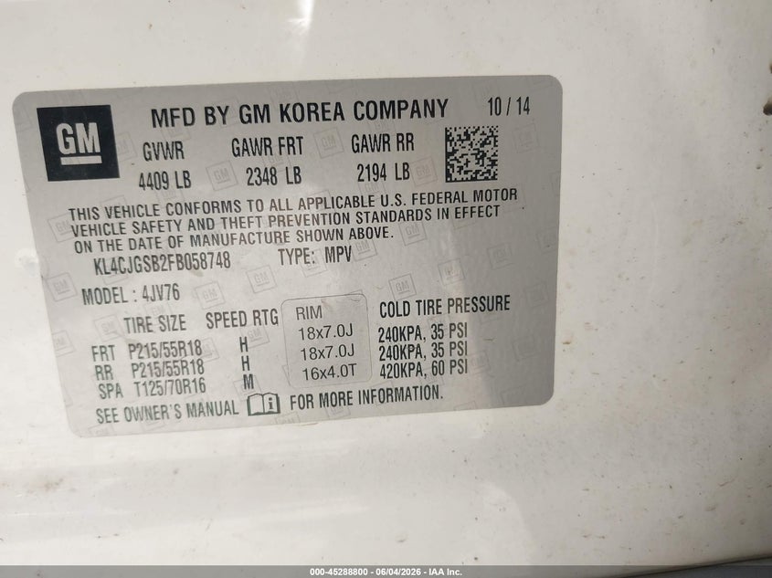2015 Buick Encore Leather VIN: KL4CJGSB2FB058748 Lot: 45288800