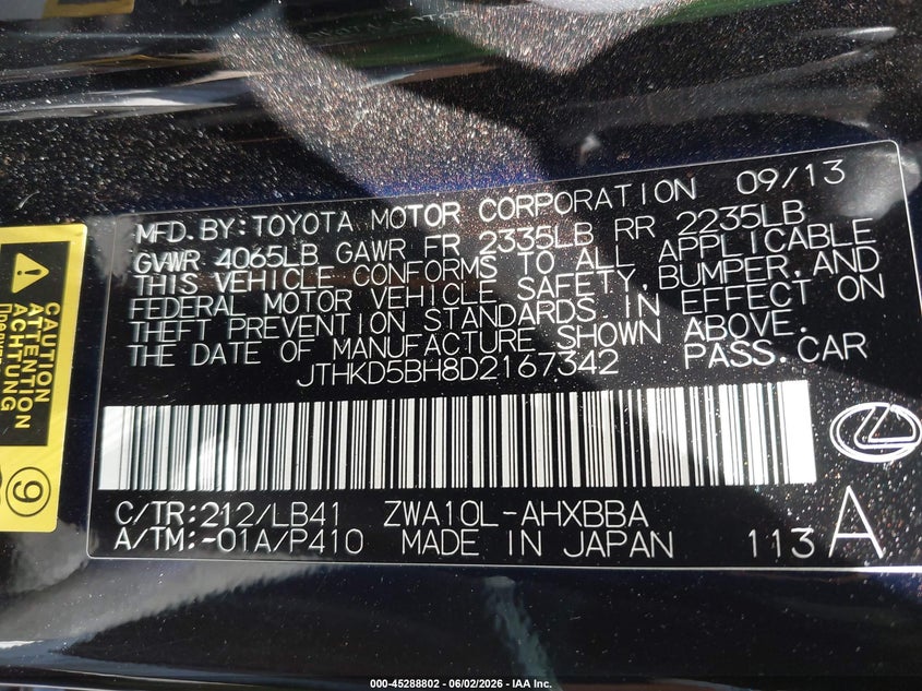 2013 Lexus Ct 200H VIN: JTHKD5BH8D2167342 Lot: 45288802