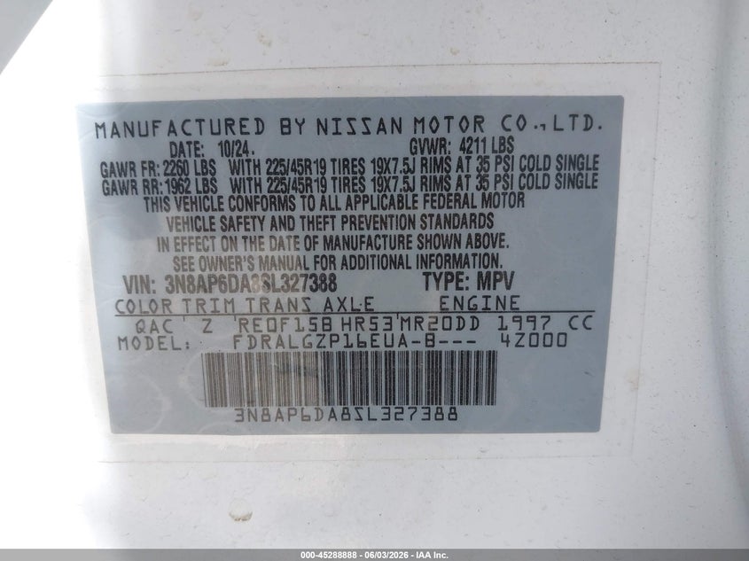 2025 Nissan Kicks Sr Fwd VIN: 3N8AP6DA8SL327388 Lot: 45288888