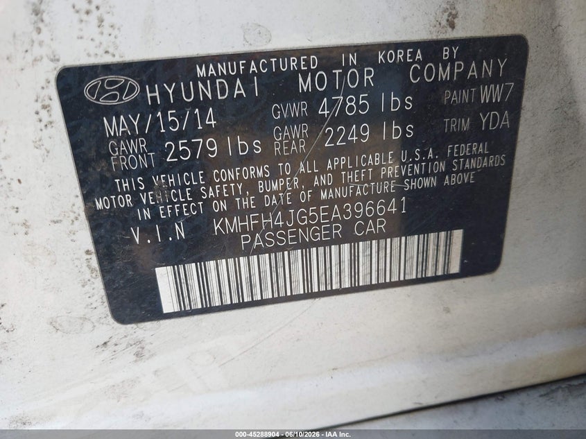 2014 Hyundai Azera Limited VIN: KMHFH4JG5EA396641 Lot: 45288904