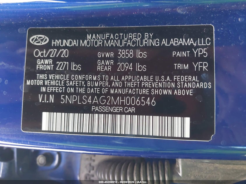 2021 HYUNDAI ELANTRA 2.0L I-4 DOHC, VVT, (VIN: 5NPLS4AG2MH006546