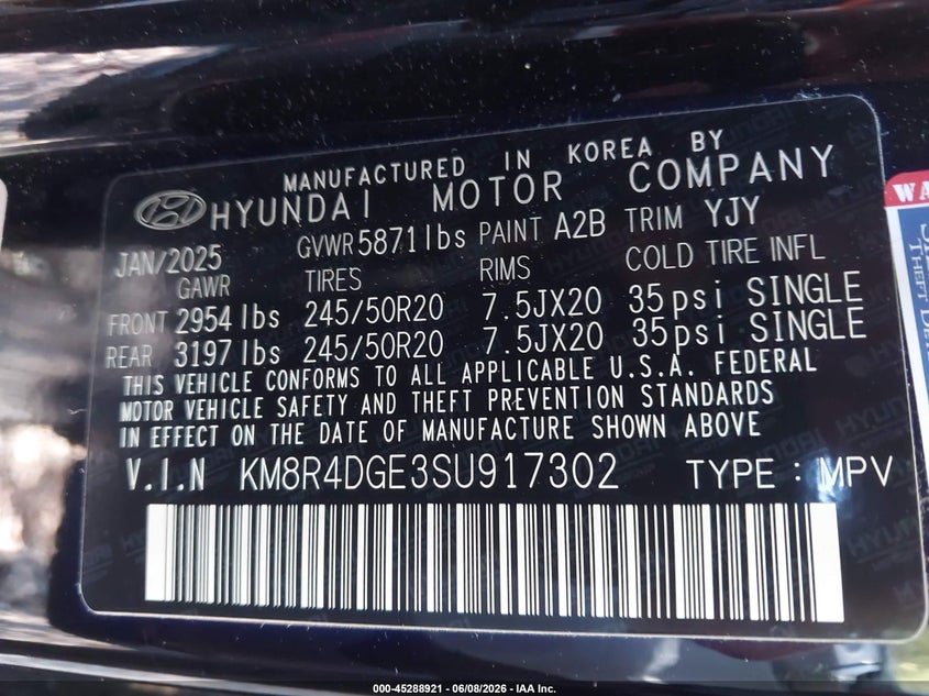 2025 Hyundai Palisade Sel Premium VIN: KM8R4DGE3SU917302 Lot: 45288921