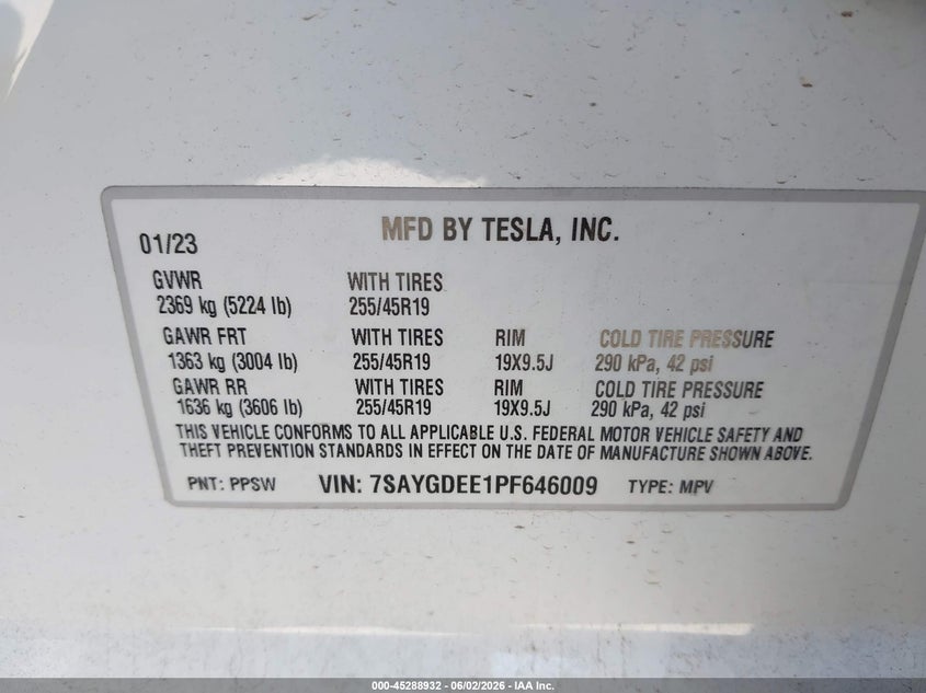 2023 Tesla Model Y Awd/Long Range Dual Motor All-Wheel Drive VIN: 7SAYGDEE1PF646009 Lot: 45288932