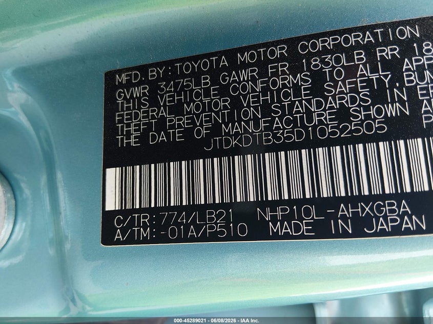 2013 Toyota Prius C Four VIN: JTDKDTB35D1052505 Lot: 45289021