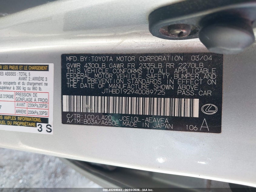 2004 Lexus Is 300 VIN: JTHBD192940089725 Lot: 45289043