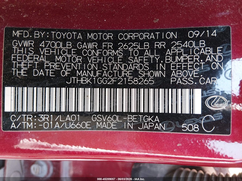 2015 Lexus Es 350 VIN: JTHBK1GG2F2158265 Lot: 45289057