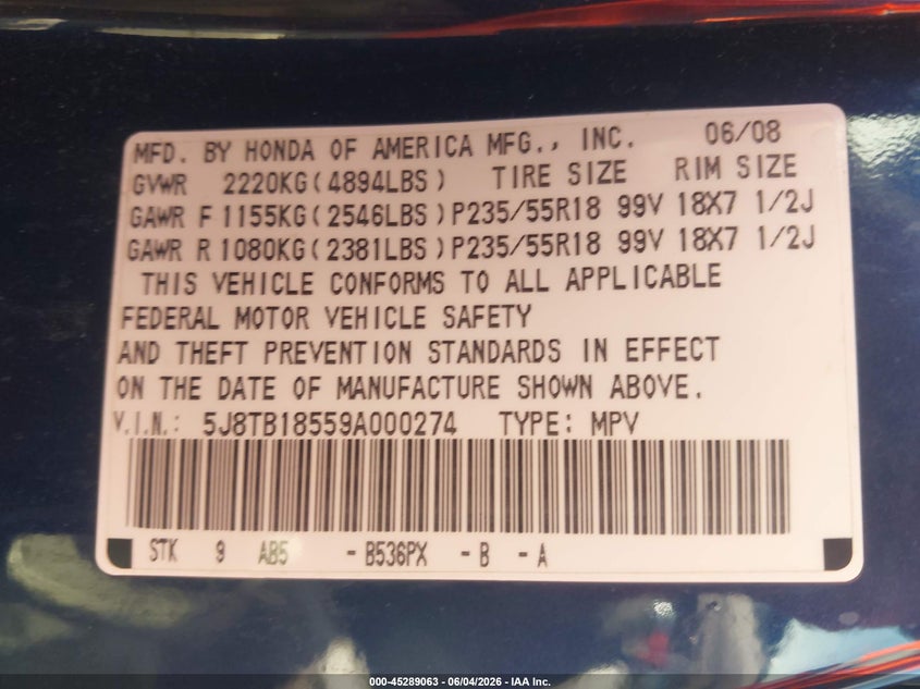 2009 Acura Rdx VIN: 5J8TB18559A000274 Lot: 45289063