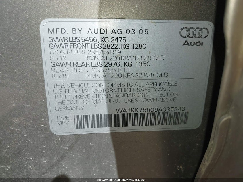 2009 Audi Q5 3.2 Premium VIN: WA1KK78R09A037243 Lot: 45289067