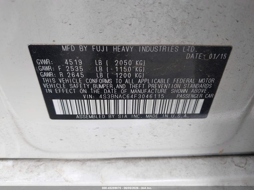 2015 Subaru Legacy 2.5I Premium VIN: 4S3BNAC64F3046115 Lot: 45289070